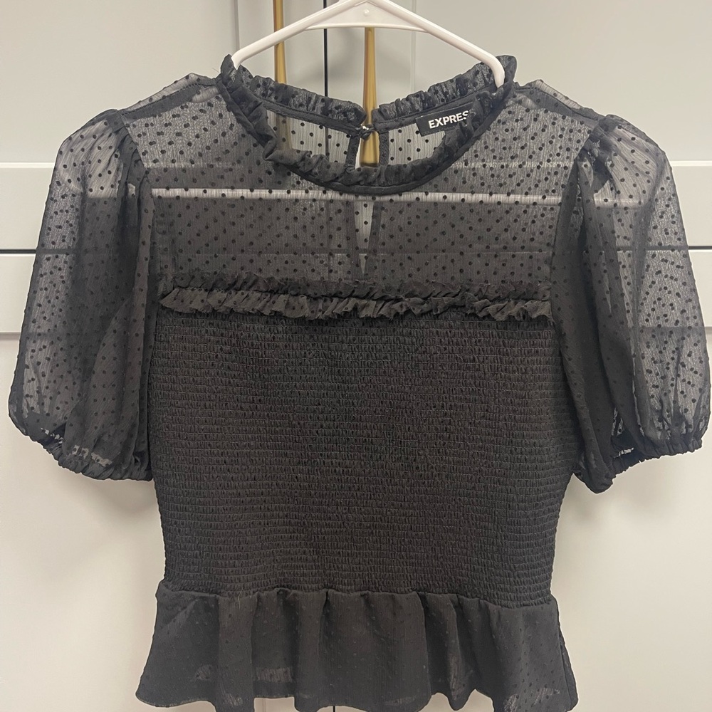 Express Black Swiss Dot Sheer Smocked Peplum Top Puff Sleeve Size XS